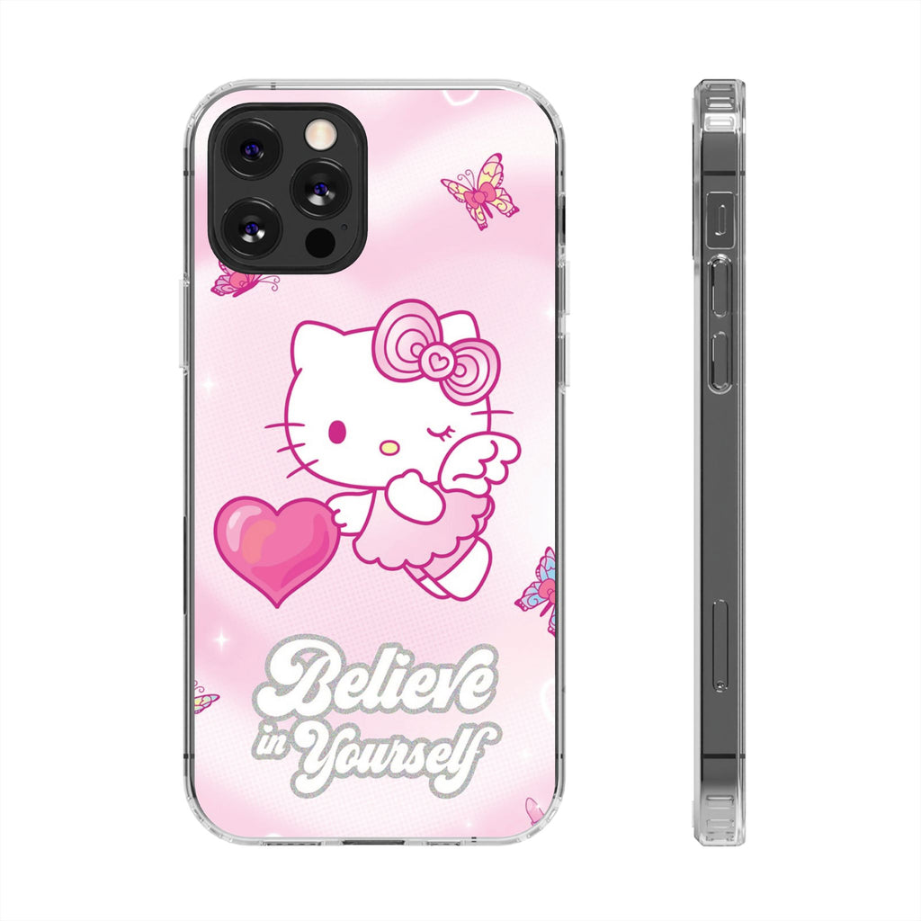 Clear Phone Case — Pink 'Believe in Yourself' Cute Kitty Design