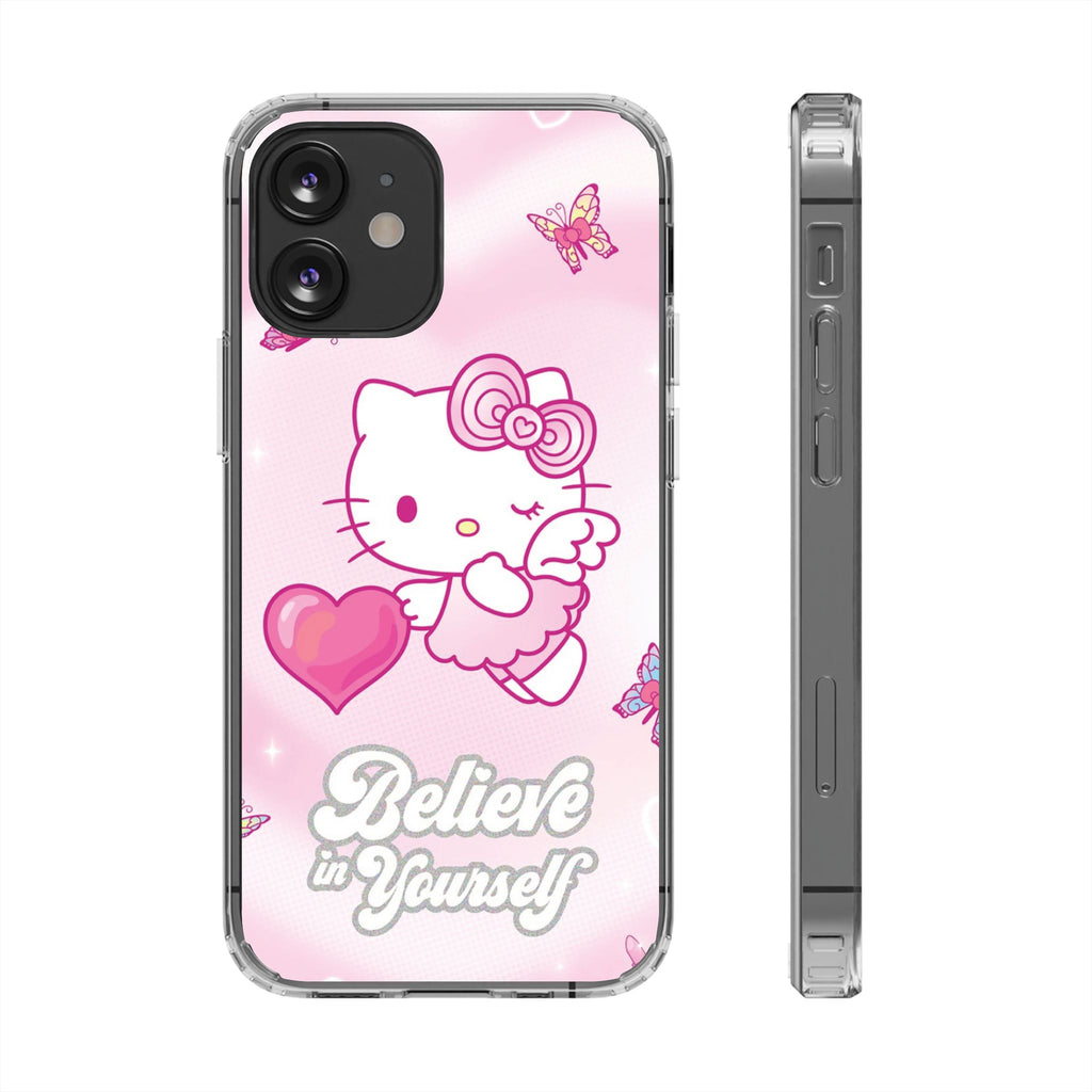 Clear Phone Case — Pink 'Believe in Yourself' Cute Kitty Design