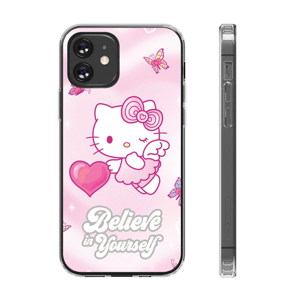 Clear Phone Case — Pink 'Believe in Yourself' Cute Kitty Design
