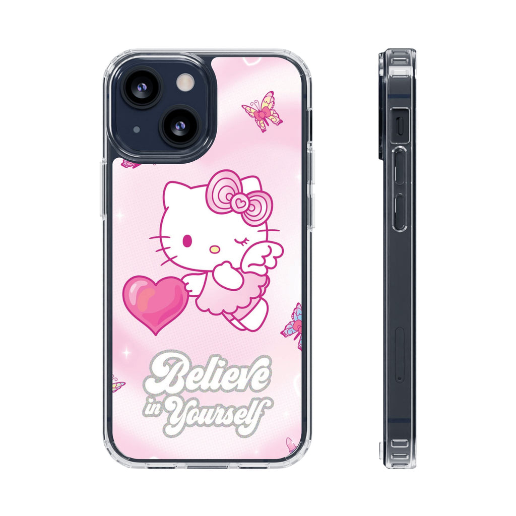 Clear Phone Case — Pink 'Believe in Yourself' Cute Kitty Design